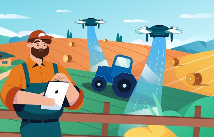 Cartoon farmer with digital tablet using robot drone to automate irrigation and spray liquid fertilizer of agricultural field. Agriculture innovation technology or smart farming system concept.